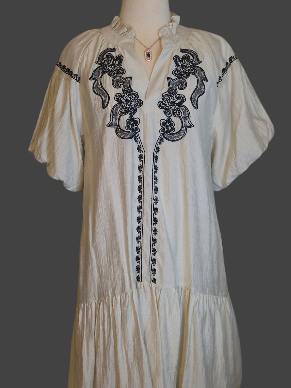Umgee Cream Tunic Dress with Black Floral Embroidery